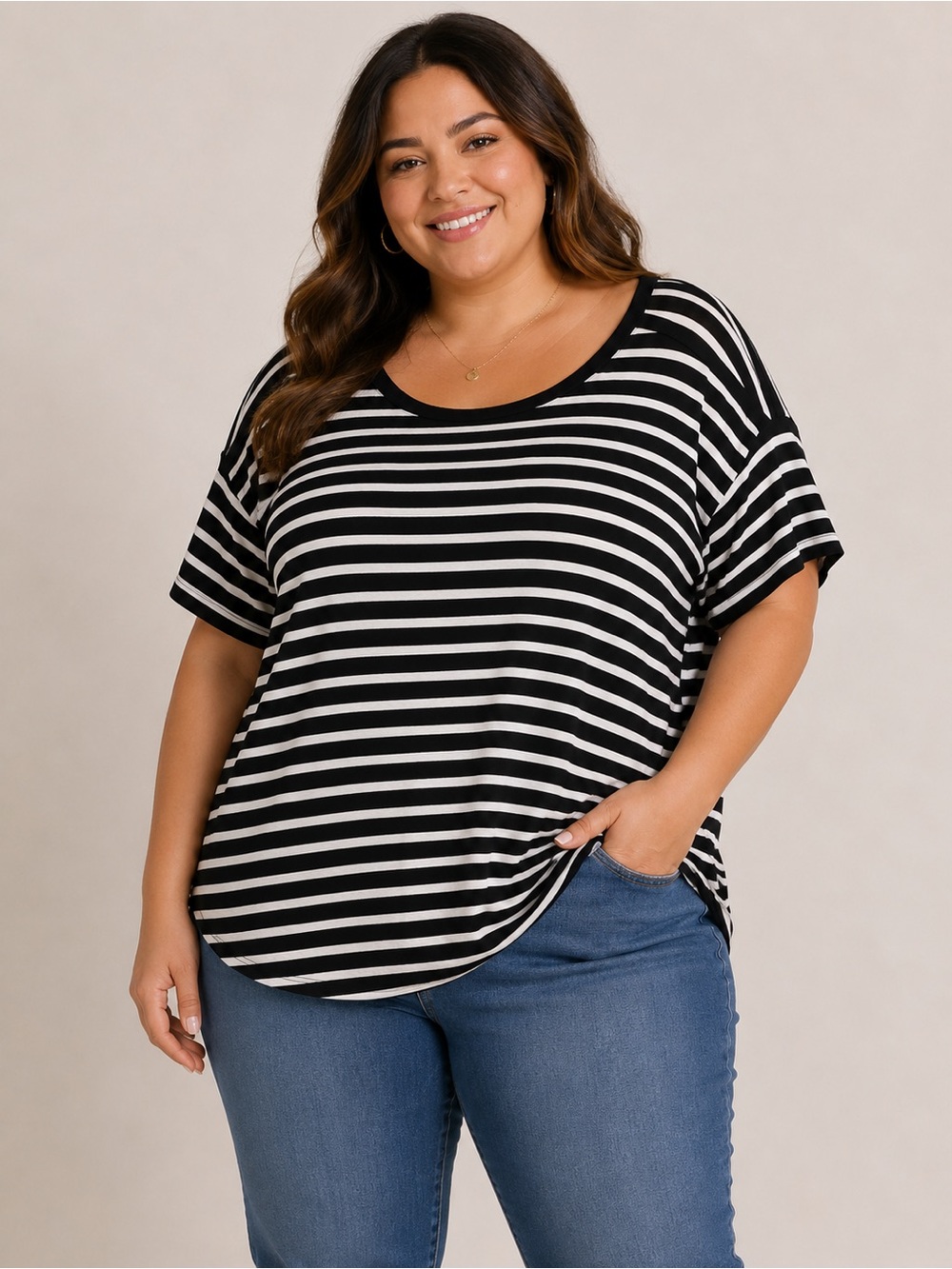 George Plus 2X Black & White Striped Lace-Up Back Top